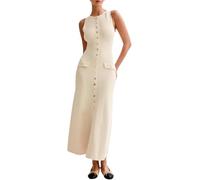 ThiCc Damen Bodycon Pulloverkleid - Ärmellos Rundhals Maxi Tank Kleid Knopf Slim Fitted Gerippt Gestrickt Langes Bleistiftkleid Elegant Business Casual Outfit Bürokleidung, beige, S
