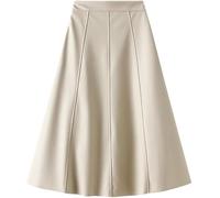 ThiCc Damen Kunstleder Midi Rock - Vintage Hohe Taille Falten A-Linie PU Leder Rock Retro Hohe Taille Einfarbig Lange Röcke Büro Freizeitkleidung, beige, 38