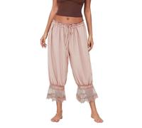 ThiCc Damen Lange Bloomer-Hose - Spitzenbesatz Viktorianische Pantalons Y2K Elastischer Bund Dienstmädchen-Rüschen Kürbis-Hose Bequeme Lounge Mittlere Bundhöhe Capri für Zuhause Tägliche Entspannung