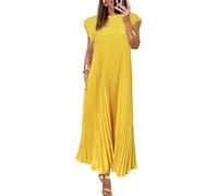 ThiCc Damen-Maxikleid mit Taschen - Sommer, lässig, einfarbig, kurze Ärmel, hohe Taille, Rundhalsausschnitt, schlicht, locker, fließendes Basic-Kleid, Vintage, Strandkleid, gelb, L