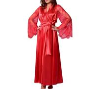ThiCc Damen Seidenbademantel Lang Mit Sexy Durchsichtigem Spitzenärmeln Satin Nachtwäsche Ganze Länge Kimono Nachthemd Leichtes Loungewear Brautkleid Hochzeit, rot, S