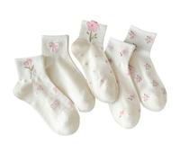 ThiCc Damen-Socken, Kokette mit Schleife, Blumenmuster, 5 Paar, niedlich, rosa, gemustert, kurze Crew-Socken, weich, atmungsaktiv, Baumwolle, niedrig geschnitten, Strumpf für tägliche Freizeitkleidung
