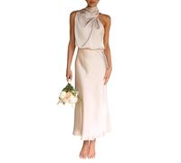 ThiCc Damen-Sommer-Maxikleid aus Satin, elegant, seidig, ärmellos, Stehkragen, Cocktailkleid, Abendparty, formelle Kleider, figurbetontes Bleistiftkleid, beige, Small