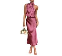 ThiCc Damen-Sommer-Maxikleid aus Satin, elegant, seidig, ärmellos, Stehkragen, Cocktailkleid, Abendparty, formelle Kleider, figurbetontes Bleistiftkleid, rose, Small