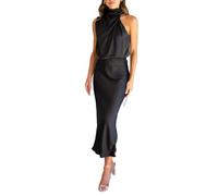 ThiCc Damen-Sommer-Maxikleid aus Satin, elegant, seidig, ärmellos, Stehkragen, Cocktailkleid, Abendparty, formelle Kleider, figurbetontes Bleistiftkleid, Schwarz , Small