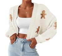 ThiCc Damen-Strickjacke mit Lebkuchenmuster, fallende Schultern; lässiger Cartoon-Pullover, langärmelig, lockere Passform, Grobstrick-Cardigan, gemütliche Stickerei für Herbst-Winterausflüge, beige,