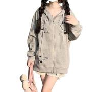 ThiCc Damen Y2K Zip Up Hoodie - Kawaii Cartoon Katze Grafik Harajuku Oversized Sweatshirt mit Taschen Streetwear Casual Dark Academia Jacke Leicht oder Fleece Gefüttert, Grau (dünn), M