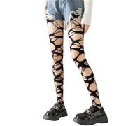 THICC Gothic Punk Damen Ripped Strumpfhose | Y2K Style Ragged Pantyhose für Fashionistas | Perforierter Strumpf mit ausgehöhltem Design | kantige weibliche Strumpfwaren, Schwarz , One size