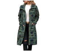 ThiCc Lange Damenjacke mit ethnischem Muster und Kragen, Boho, einreihig, langärmelig, lockere Passform, Azteken-Fleece-Mantel, Vintage, warm, Plüsch-Oberbekleidung für Herbst und Winter, gemütliche