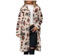 ThiCc Lange Damenjacke mit ethnischem Muster und Kragen, Boho, einreihig, langärmelig, lockere Passform, Azteken-Fleece-Mantel, Vintage, warm, Plüsch-Oberbekleidung für Herbst und Winter, gemütliche