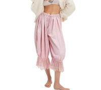 ThiCc Lange Pumphose für Damen - Spitzenbesatz, viktorianische Pantalons, Y2K, elastischer Bund, Dienstmädchen-Rüschen, Kürbishose, bequeme Lounge, mittlere Bundhöhe, Caprihose für Zuhause, tägliche