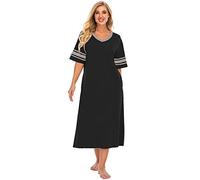 ThiCc Langes Sommer-Nachthemd für Damen - weicher V-Ausschnitt, kurze Ärmel, Nachtwäsche, lockere Passform, Schlafanzug, atmungsaktiv, Farbblock, Loungewear für Zuhause, Schlafzimmer, Entspannung