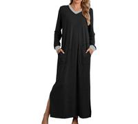 ThiCc Maxi-Nachthemd für Damen, Baumwolle, lässig, V-Ausschnitt, langärmelig, mit Taschen, einfarbig, Nachtwäsche, gemütlich, weich, Pullover, Loungewear, volle Länge, Pyjama-Kleid, Schwarz , XXL