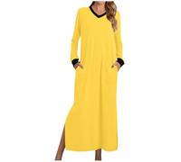 ThiCc Maxi-Nachthemd für Damen, Baumwolle, lässig, V-Ausschnitt, langärmelig, mit Taschen, einfarbig, Nachtwäsche, gemütlich, weich, Pullover, Loungewear, volle Länge, Pyjama-Kleid, gelb, XL