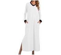 ThiCc Maxi-Nachthemd für Damen, Baumwolle, lässig, V-Ausschnitt, langärmelig, mit Taschen, einfarbig, Nachtwäsche, gemütlich, weich, Pullover, Loungewear, volle Länge, Pyjama-Kleid, weiß, M