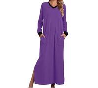 ThiCc Maxi-Nachthemd für Damen, Baumwolle, lässig, V-Ausschnitt, langärmelig, mit Taschen, einfarbig, Nachtwäsche, gemütlich, weich, Pullover, Loungewear, volle Länge, Pyjama-Kleid, violett, XXL