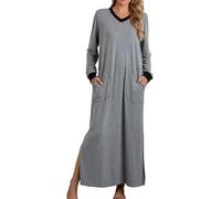 ThiCc Maxi-Nachthemd für Damen, Baumwolle, lässig, V-Ausschnitt, langärmelig, mit Taschen, einfarbig, Nachtwäsche, gemütlich, weich, Pullover, Loungewear, volle Länge, Pyjama-Kleid, grau, M