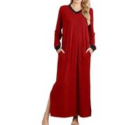 ThiCc Maxi-Nachthemd für Damen, Baumwolle, lässig, V-Ausschnitt, langärmelig, mit Taschen, einfarbig, Nachtwäsche, gemütlich, weich, Pullover, Loungewear, volle Länge, Pyjama-Kleid, rot, L