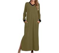 ThiCc Maxi-Nachthemd für Damen, Baumwolle, lässig, V-Ausschnitt, langärmelig, mit Taschen, einfarbig, Nachtwäsche, gemütlich, weich, Pullover, Loungewear, volle Länge, Pyjama-Kleid, grün, M