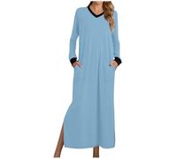 ThiCc Maxi-Nachthemd für Damen, Baumwolle, lässig, V-Ausschnitt, langärmelig, mit Taschen, einfarbig, Nachtwäsche, gemütlich, weich, Pullover, Loungewear, volle Länge, Pyjama-Kleid, blau, XXL