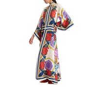 ThiCc Maxikleid für Damen, ethnisches Muster, Sommer, locker, 3/4-Ärmel, Stehkragen, Boho, Graffiti, französischer Hof, langes Kleid, locker, lässig, Strand, Urlaub, Cocktailparty, dunkelblau, XL