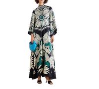 ThiCc Maxikleid für Damen, ethnisches Muster, Sommer, locker, 3/4-Ärmel, Stehkragen, Boho, Graffiti, französischer Hof, langes Kleid, locker, lässig, Strand, Urlaub, Cocktailparty, marineblau, XL