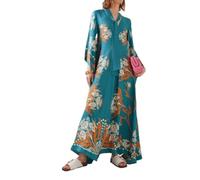 ThiCc Maxikleid für Damen, ethnisches Muster, Sommer, locker, 3/4-Ärmel, Stehkragen, Boho, Graffiti, französischer Hof, langes Kleid, locker, lässig, Strand, Urlaub, Cocktailparty, blau, XL