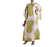 ThiCc Maxikleid für Damen, ethnisches Muster, Sommer, locker, 3/4-Ärmel, Stehkragen, Boho, Graffiti, französischer Hof, langes Kleid, locker, lässig, Strand, Urlaub, Cocktailparty, grün, XL