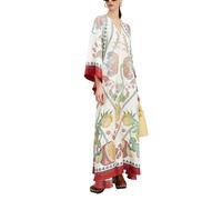 ThiCc Maxikleid für Damen, ethnisches Muster, Sommer, locker, 3/4-Ärmel, Stehkragen, Boho, Graffiti, französischer Hof, langes Kleid, locker, lässig, Strand, Urlaub, Cocktailparty, weiß, XL