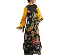 ThiCc Maxikleid für Damen, ethnisches Muster, Sommer, locker, 3/4-Ärmel, Stehkragen, Boho, Graffiti, französischer Hof, langes Kleid, locker, lässig, Strand, Urlaub, Cocktailparty, gelb, M