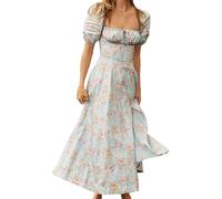 ThiCc Milk Maid Kleid für Damen - Sommer, französischer Stil, Puffärmel, quadratischer Ausschnitt, Schnürung vorne, Blumenmuster, Maxikleid, lässig, Boho, Strandkleid, Ausgehen, Party, A-Linie,