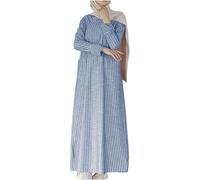 ThiCc Muslimisches Damen-Maxikleid aus Baumwolle und Leinen, lässig, gestreift, islamisch, mit Taschen, langärmelig, Rundhalsausschnitt, konservatives Abaya-Kleid, Gebetskleidung, arabisches