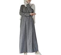 ThiCc Muslimisches Damen-Maxikleid aus Baumwolle und Leinen, lässig, gestreift, islamisch, mit Taschen, langärmelig, Rundhalsausschnitt, konservatives Abaya-Kleid, Gebetskleidung, arabisches