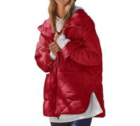 ThiCc Übergroße Steppjacke für Damen - leichte, einfarbige Diamant-gesteppte Kapuzenjacke mit großen Taschen, Seitenschlitzen, langärmelig, Reißverschluss, warme Winter-Oberbekleidung, weinrot, XXL