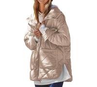 ThiCc Übergroße Steppjacken für Damen - leichte, einfarbige Diamant-gesteppte Kapuzenjacke mit großen Taschen, Seitenschlitzen, langärmelig, Reißverschluss, warme Winter-Oberbekleidung, khaki, 46