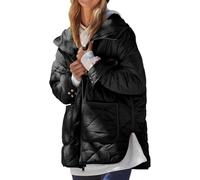 ThiCc Übergroße Steppjacken für Damen - leichte, einfarbige Diamant-gesteppte Kapuzenjacke mit großen Taschen, Seitenschlitzen, langärmelig, Reißverschluss, warme Winter-Oberbekleidung, Schwarz , 48