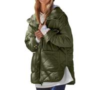 ThiCc Übergroße Steppjacken für Damen - leichte, einfarbige Diamant-gesteppte Kapuzenjacke mit großen Taschen, Seitenschlitzen, langärmelig, Reißverschluss, warme Winter-Oberbekleidung, armee-grün, 48