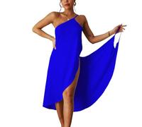 ThiCc Wickelkleid aus Bambus, 2024, Damen, Strandkleid, Spaghettiträger, Sarongs, Strand, rückenfrei, Midi-Kleider, blau, 38