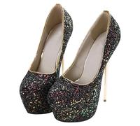 Thick Plateau Glitzer Pumps High Heels Sexy Damen Stiletto High Heel 16cm Party Hochzeit Kleid Schuhe (schwarz,45)