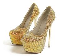 Thick Plateau Glitzer Pumps High Heels Sexy Damen Stiletto High Heel 16cm Party Hochzeit Kleid Schuhe (golden,42)