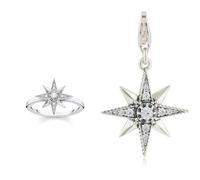 THOMAS SABO Damen Ring Stern Silber 925 Sterlingsilber, Geschwärzt TR2299-643-14 & Damen Charm-Anhänger Royalty Stern 925 Sterling Silber 1756-643-14