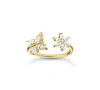 THOMAS SABO offener Ring in Gold, Schmetterling und Blüte mit Zirkonia Steinen, 750 vergoldung, 925 Sterlingsilber, Ringgröße 52, TR2355-414-14-52