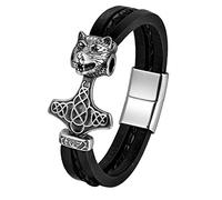 Thor Hammer Leder Armband Herren Schwer Kräftig Wolf Kopf Armreif mit Magnet Verschluss Jungen 21,5cm, Schwarz