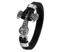 Thor Hammer Leder Armband Herren Schwer Kräftig Wolf Kopf Armreif mit Magnet Verschluss Jungen 21,5cm, Braun