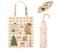 ThreeH Faltbarer Regenschirm, goldener Hakengriff, niedliches Bärenmuster, Baldachin, UV-Schutz, Sonnen-Regenschirm mit Tasche, für Damen, Mädchen, Reisen, Outdoor