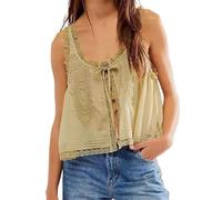 THUCHENYUC Top for Binden Vorne, Leinenhemd Mit Koketterie Und Schleife, Tanktop Aus Leinen Mit Fliege Vorne, Bluse Mit Rüschen Und Spitzenbesatz(Khaki,L)