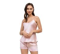 THXSILK Seidenpyjama für Damen Zweiteiliger, Shorts-Set aus natürlicher Maulbeerseide mit V-Ausschnitt, Bequeme und lässige Urlaubskleidung (Bezauberndes Rosa, XL)