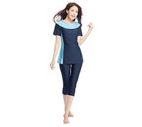 TianMaiGeLun Muslimische Bademode Badeanzug Full Cover Bescheidene Badebekleidung Modest Muslim Swimwear Beachwear Burkini Kurzarm Tops und Hose 2-Teilige Modest Bademode Sets (Blau, XS)
