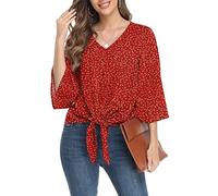 TIANZHU Damen Casual 3/4 Glockenärmel Krawattenknoten vorne V-Ausschnitt lose Tops Chiffonblusen Sommerhemd, Blumenrot, S