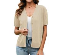 TIANZHU Damen Sommer Strickjacke V-Ausschnitt Leichte offene Vorderseite Strick Achselzucken Kurzarm Bolero mit Knöpfen, Aprikose, S